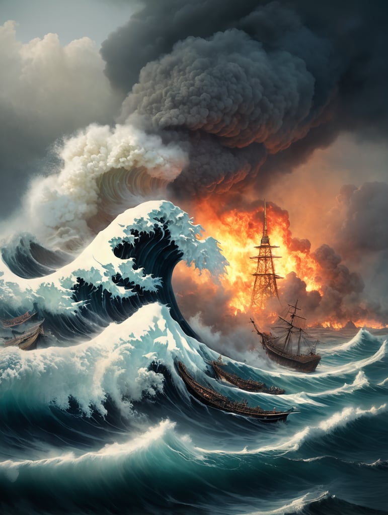 Epic photograph of an earthquake in Japan, large waves, destruction, fire, in the style of Aivazovsky