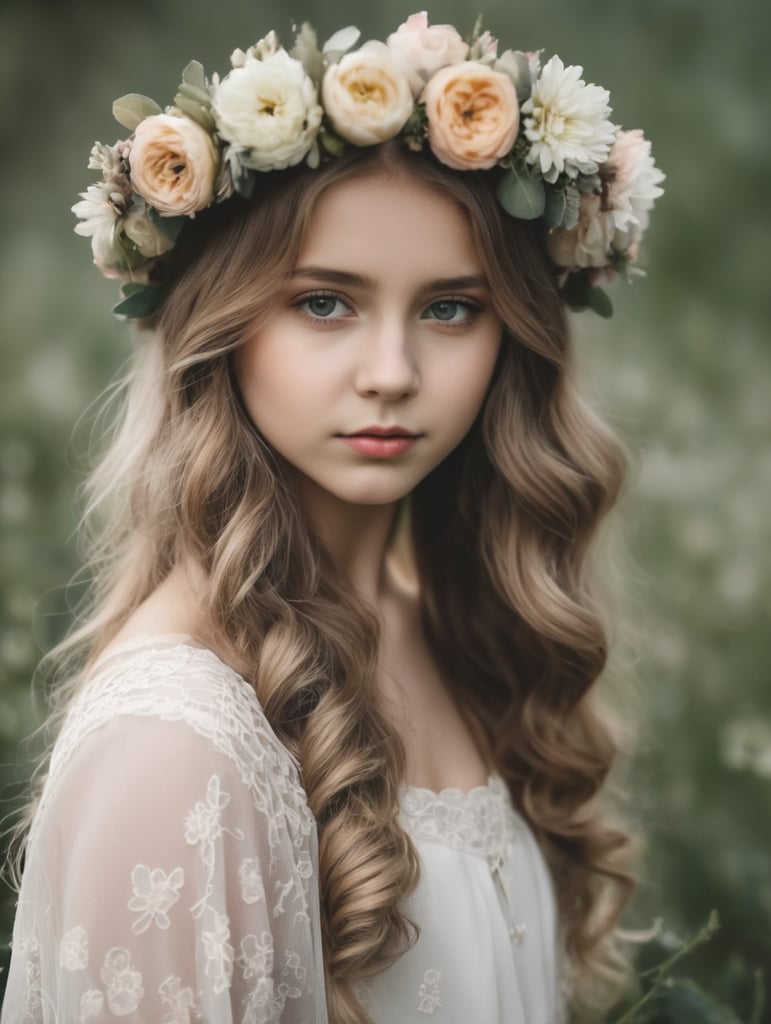 mädchen mit blumenkranz im haar.