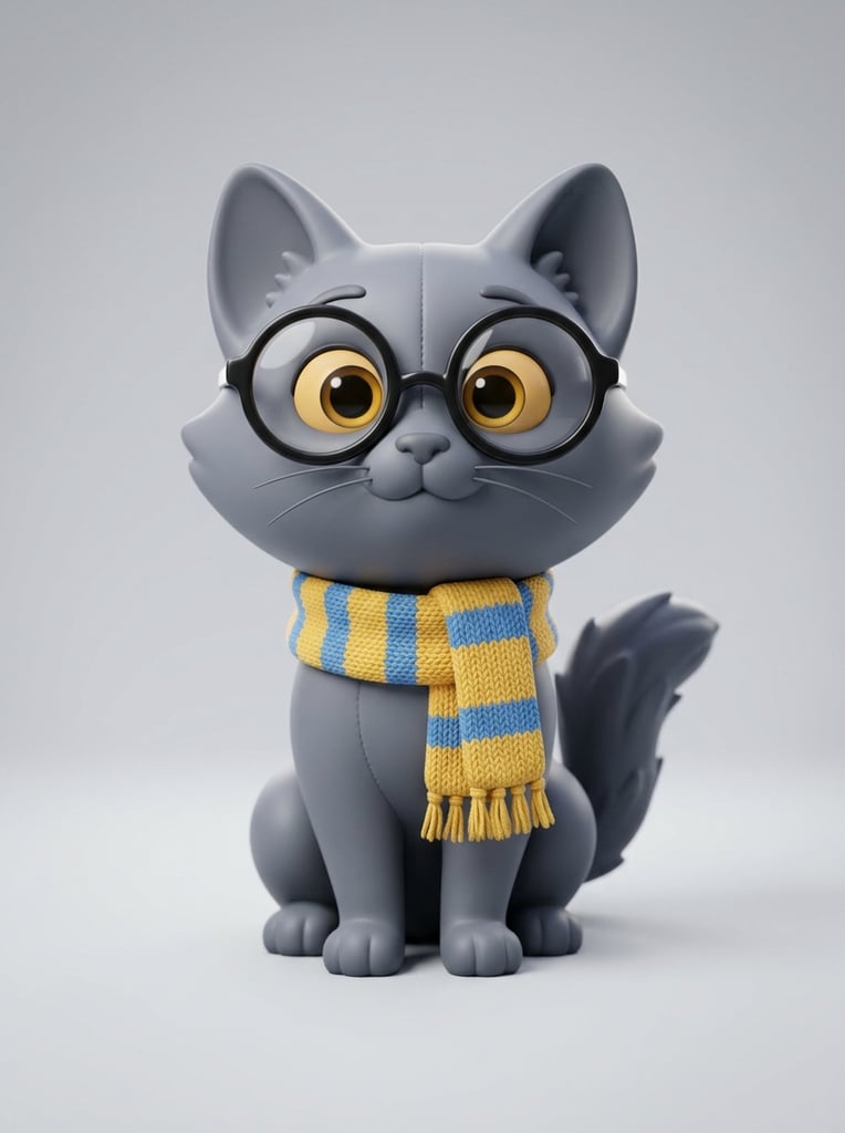 A 3D rendered matte grey cat figurine sits on a seamless light grey background. The stylized feline has an oversized head, large ears, and wide eyes, wearing thick round black eyeglasses and a yellow and blue striped scarf. Soft diffused lighting highlights its smooth vinyl texture.
