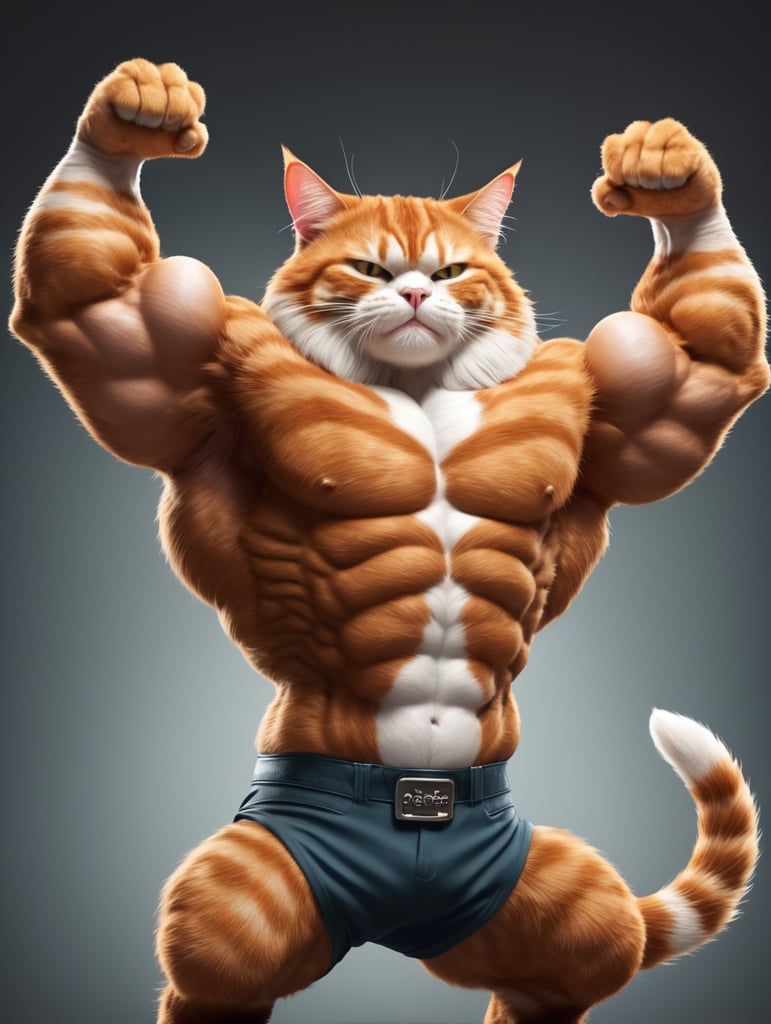 a heavily muscular bodybuilding ginger tabby cat with huge bulging muscles and a white belly in a bold builder arm muscle flexing pose