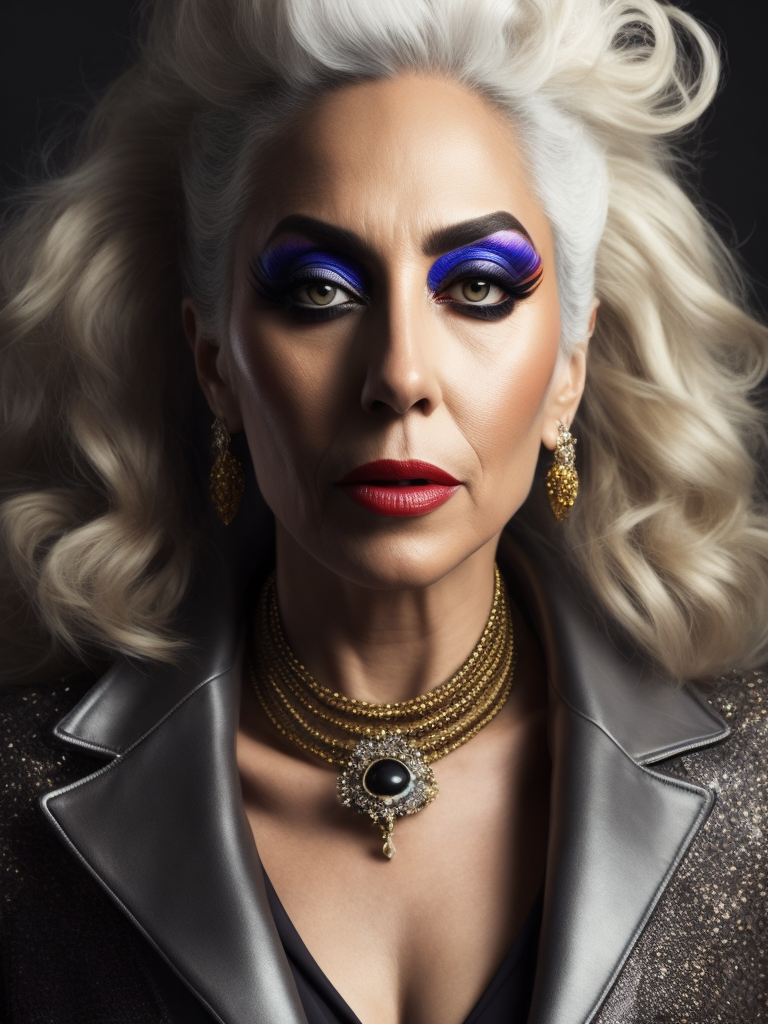 Lady Gaga a 70yr old singer with bright dramatic make-up and wild hair, beautiful pores and skin texture, detailed high resolution image, grey hair, Dior makeup, award winning fashion editorial image