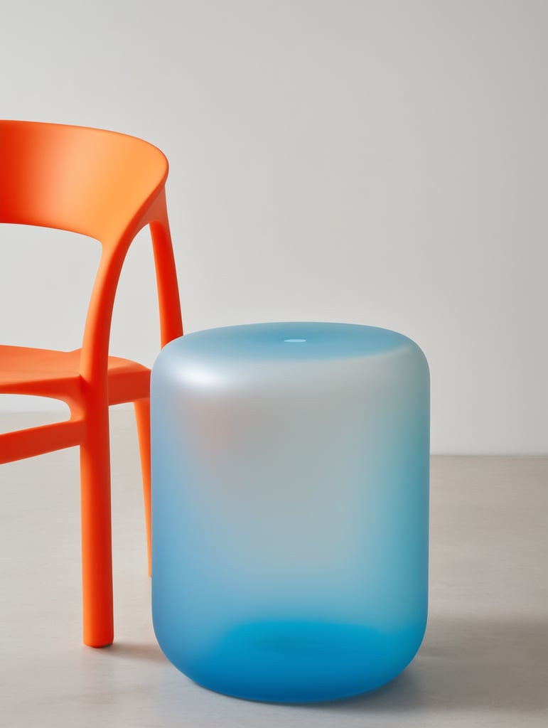 A contemporary minimalist semi-translucent silicone stool with vibrant cyan blue and orange gradient colors as if designed by hi studio.