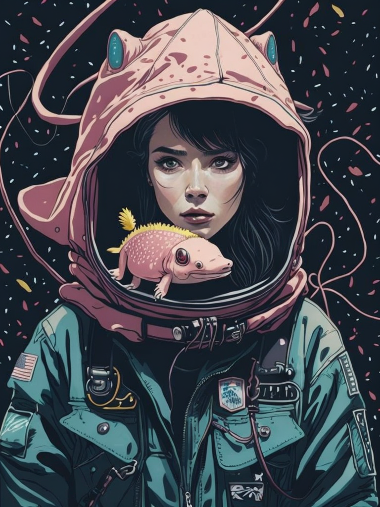 Photo of an explorer with an axolotl as a pet inside space with a psychedelic backgroun, style by Laurie Greasley, Studio Ghibli, Akira Toriyama, James Gilleard, Genshin Impact, Trending Pixiv Fanbox, Acrylic Palette Knife, 4K, vibrant colors, DevinArt, trending on ArtStation, High Detail