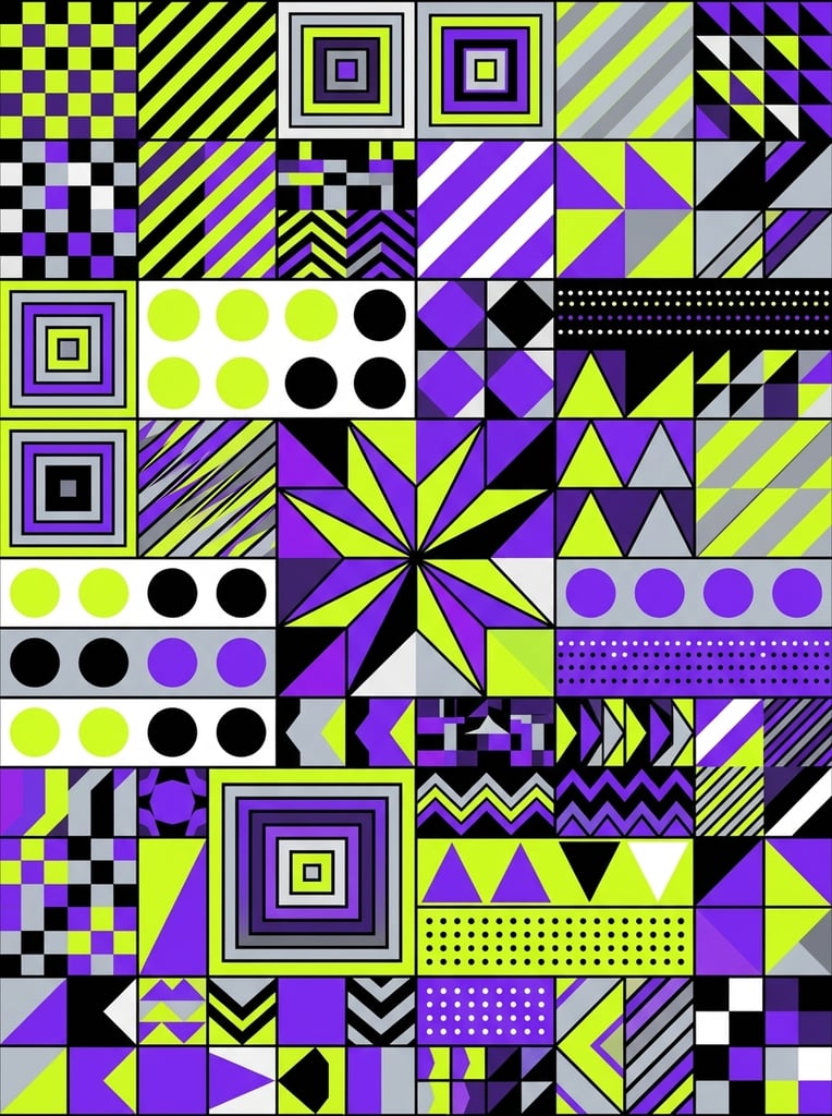 A dense geometric mosaic in a high-contrast palette of neon chartreuse, bright violet, black, white, and light gray. The flat vector patchwork features rectangular blocks filled with checkerboards, diagonal stripes, concentric squares, and aligned circles. A faceted star sits among solid triangles, jagged rows, and dotted bands, forming a crisp, vibrant abstract grid with hard edges.