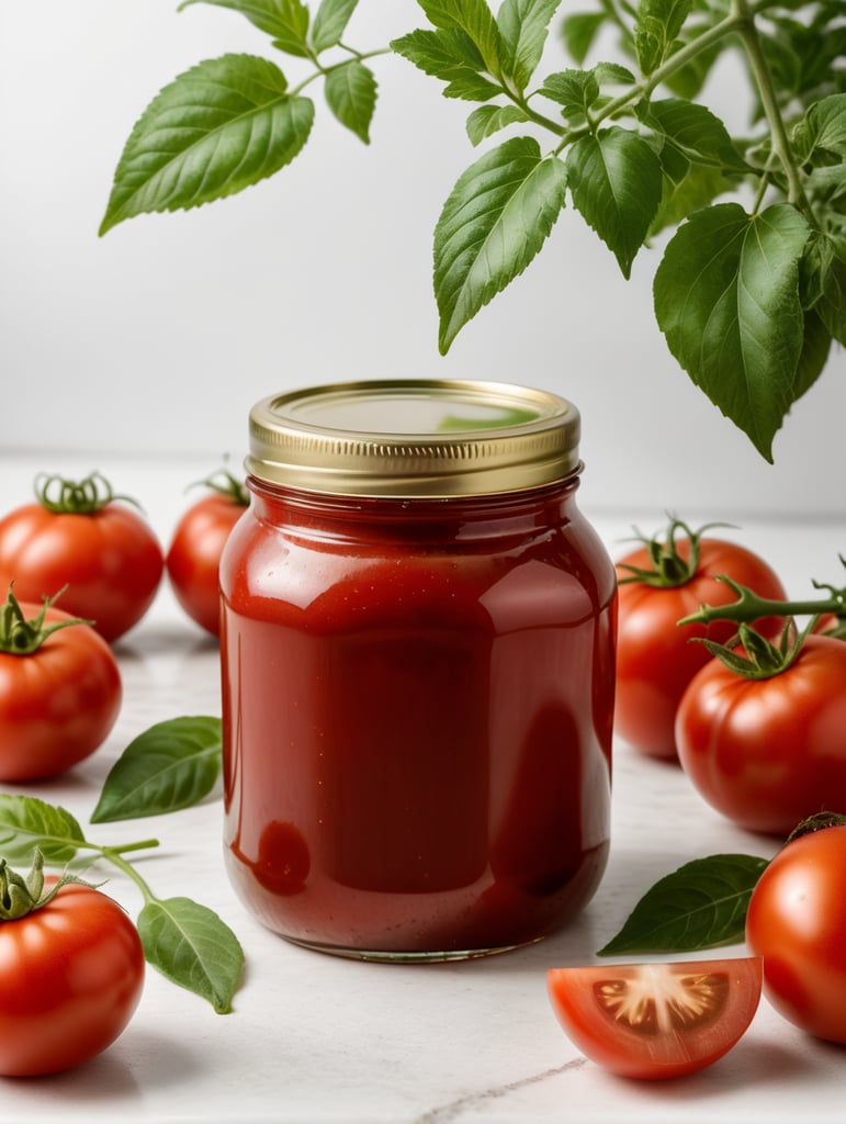 tomato ketchup jar, red tomato with green leaves, isolated, white background, mockup