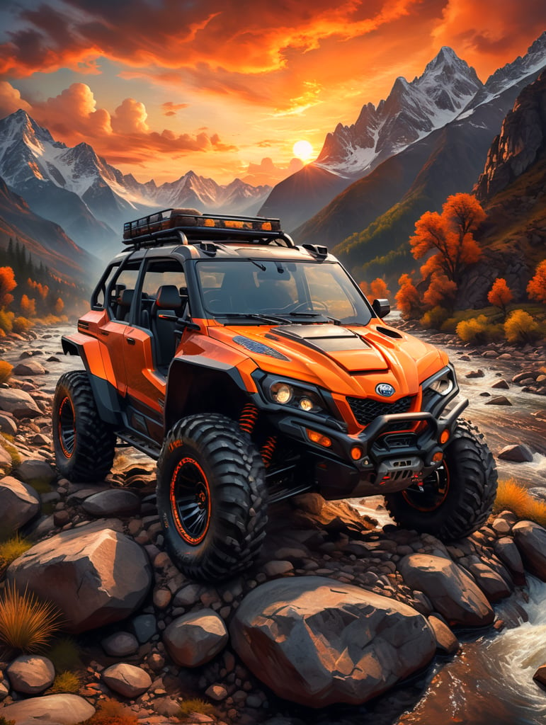 all-terrain vehicle on the background of a beautiful mountain landscape at sunset a mountain river rocks birds beautiful orange clouds cinematically super realistic