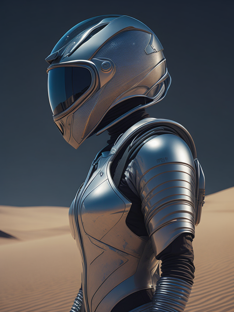 Cyber girl wearing chrome helmet, shining reflections, walking in the desert, photorealistic, hyperdetailed, dune atmosphere