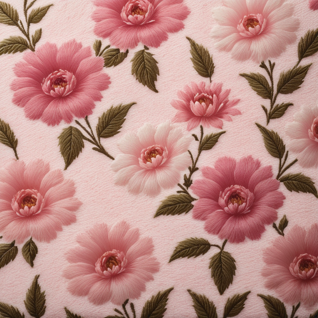Create a Sherpa fabric texture with a floral pattern in baby pink color, giving it a fluffy and cozy feel.