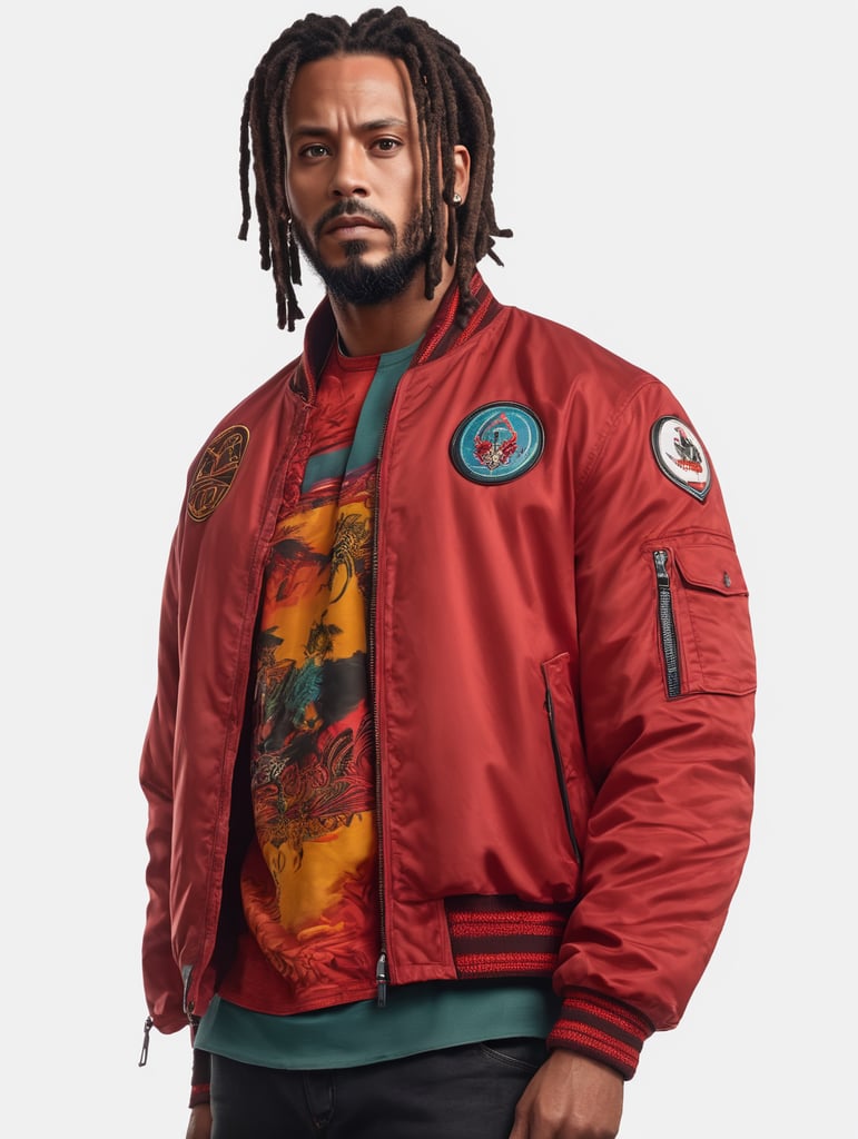 a man with dreadlocks on his head is wearing a colored jersey and a red bomber jacket
