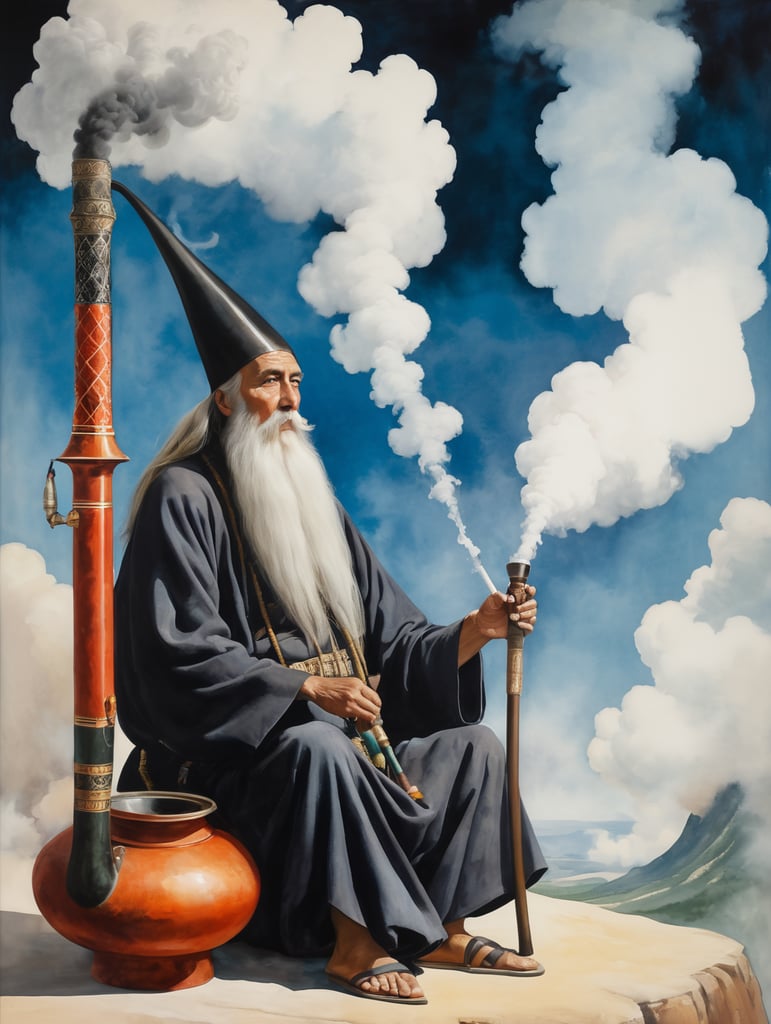 old wizard with a long beard sitting cross-legged, smoking a large hookah pipe with a huge cloud of smoke above him, 0Il lustration, Painting, Oil, Watercolor, Portrait, USA, style of Will Barnet