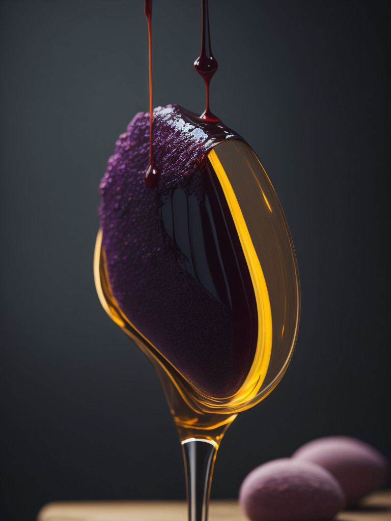 a photo of honey from the wooden spoon going down on the melted chocolate, deep purple background, deep atmosphere