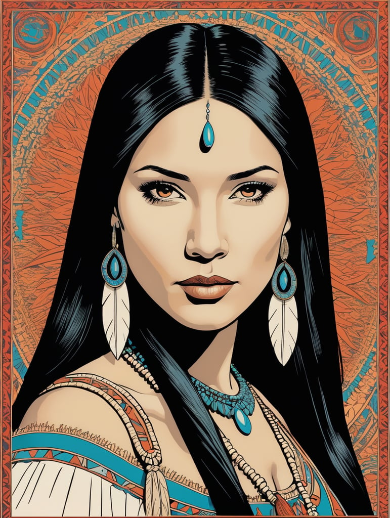 Pocahontas, Illustration, Screen Print, Portrait, USA, style of Chuck Sperry