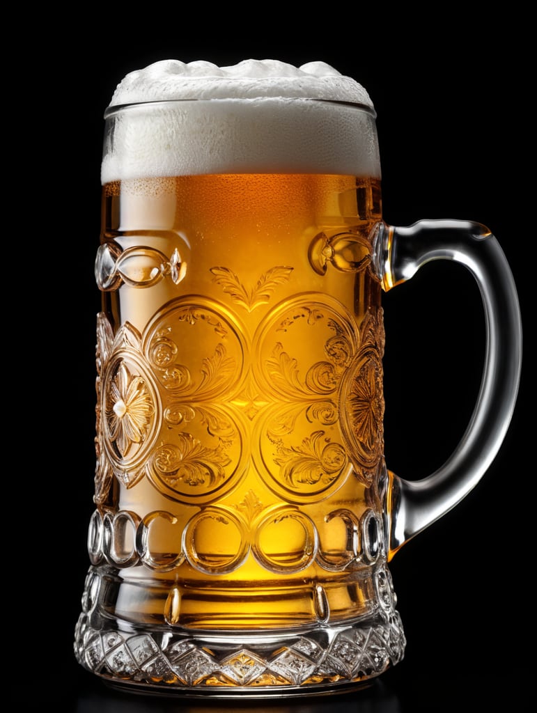 glass beer mug, isolated, black background, professional photo