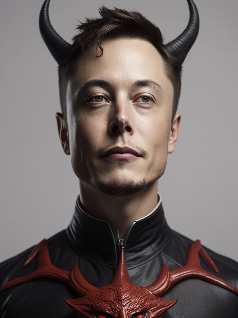 Elon Musk's head dressed as the devil drawn by Alex Gross, isolated artwork on white background