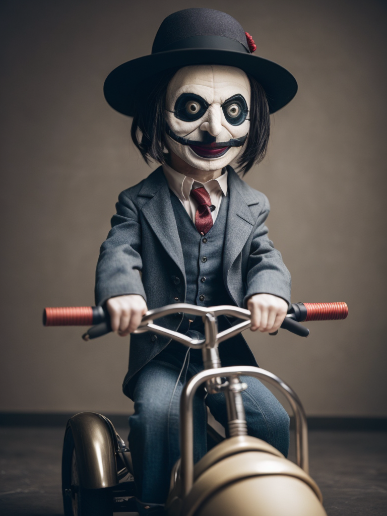 Billy the puppet from the movie saw drifting on his tricycle, highly detailed and resolution