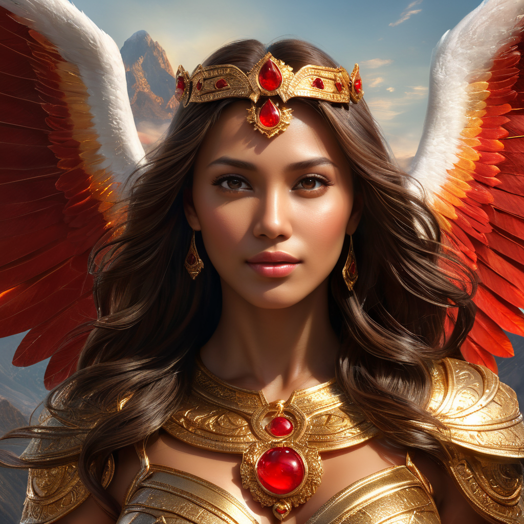 woman Angel of love flying in the sky, full body view, hyper realistic, red gold colours, magic style. positive vives, energy blast in background, light in the sky, sun, bright, glorious, marvellous, epic, heroic, very detailed latin american human face, perfect face looking to the front, Peruvian machu pichu mountains, correct face, perfect eyes, hyper realistic skin, deep skin texture, hyper realistic, hyper focus, perfect hands, perfect face