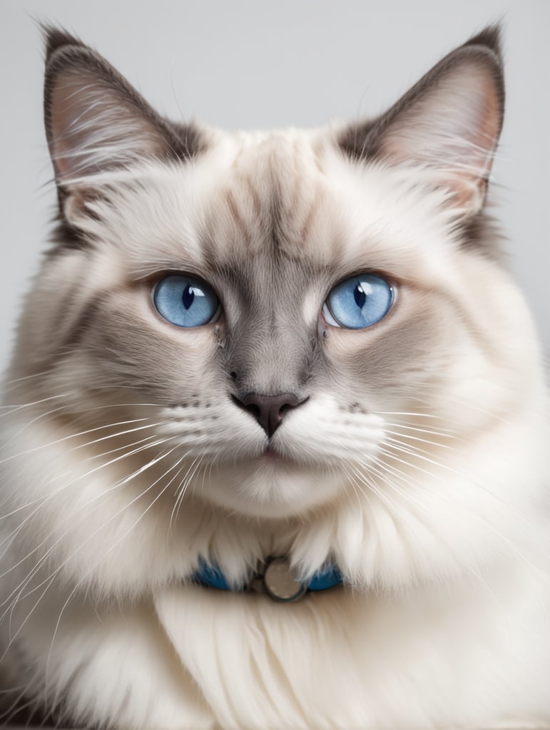 Ragdoll cat with blue eyes looking at the camera. Smiling face. Shot in studio on white background