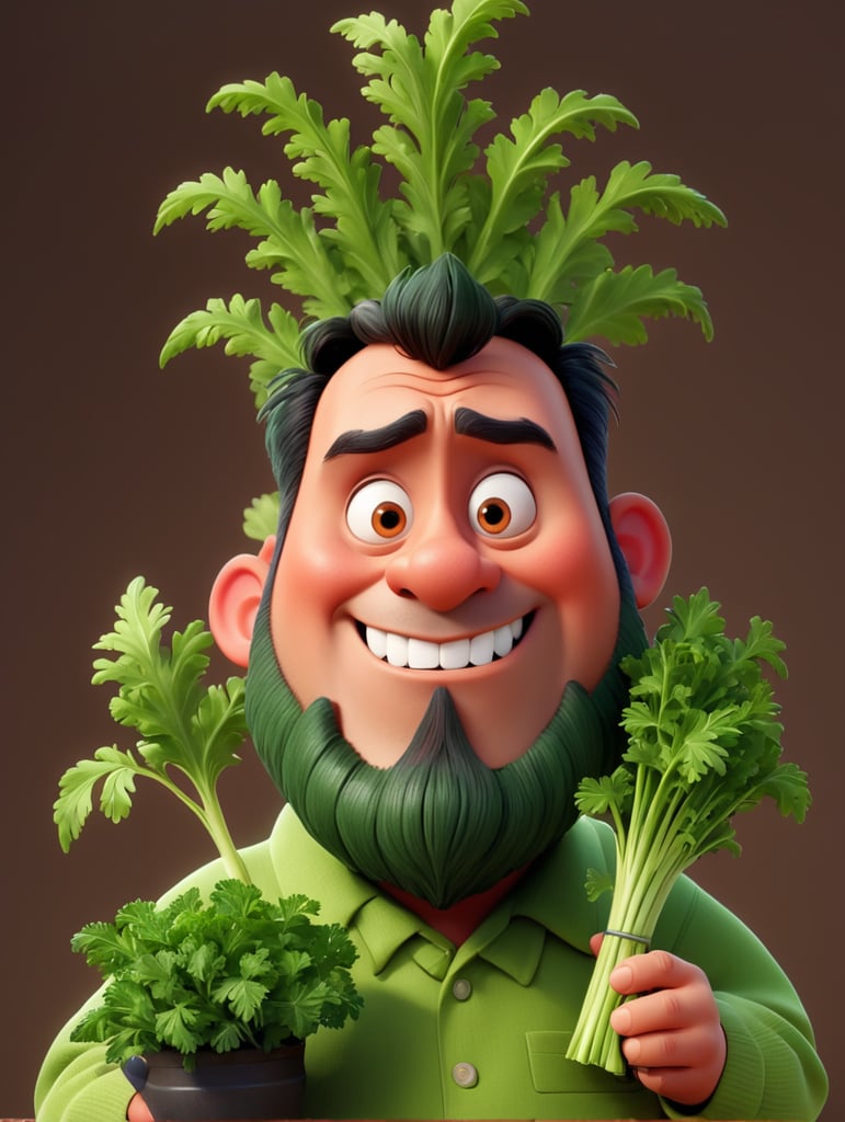 ugly man with parsley in his hand cartoon style