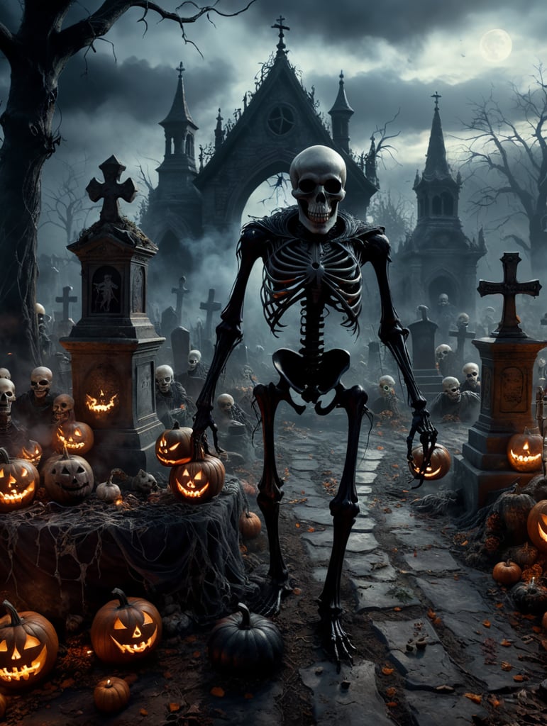 Dark Halloween scene, with skeletons, spider webs, smoke, and graveyard 4k