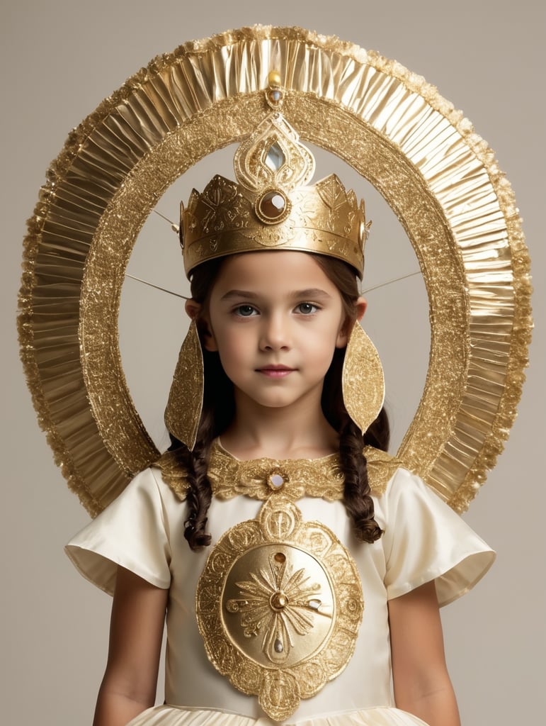 Creative full body the eucharist costume for girl with head dress and props using recycled materials. gold things