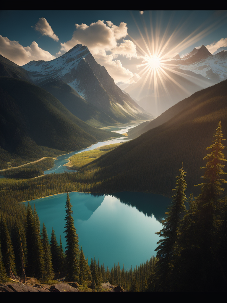 british columbia, surrounded by mountains and nature, beautiful lakes and rivers, volumetric lighting, photorealistic, insanely detailed and intricate, canadian rocky mountains, ultra hd, matte painting, radiant light rays, highres, highly detailed, concept art, Aesthetic, contrast light