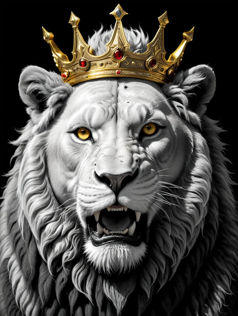 a black and white, highly detailed sketch, the imponent face of a lion with a golden crown on his head, black and white image, sketch, narrow lines, black lines, white background