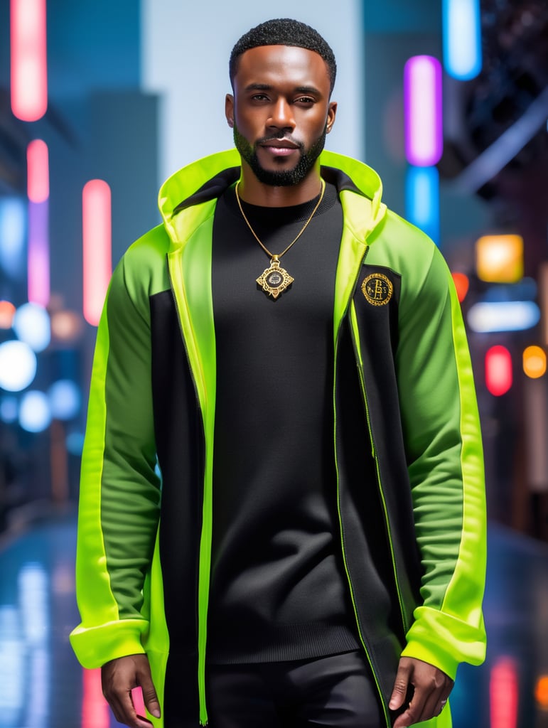 black man wearing black crewneck sweater, with the words CITRINE & CROIX on the center chest of the sweater, in a studio for a photo shoot, bright colours, high contrast, contrast lights