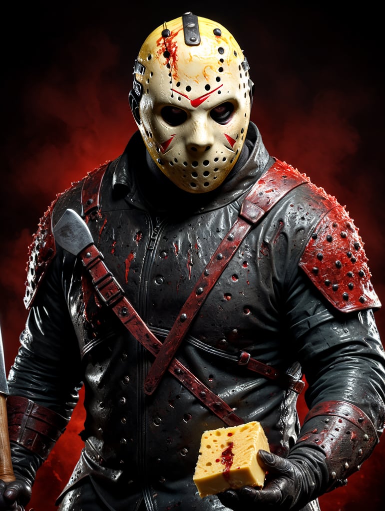 jason voorhees character made of butter, melted, with an axe in his hand, everything butter color, red and black, darkness, fear