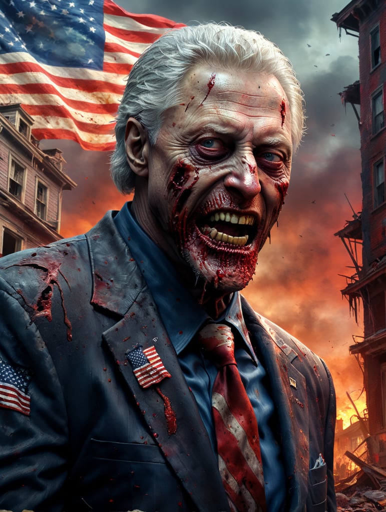 creepy Bill Clinton zombie with distopian creepy american flag background crumbling buildings, vivid and contrasting colors, sinister, blood, detail, evil