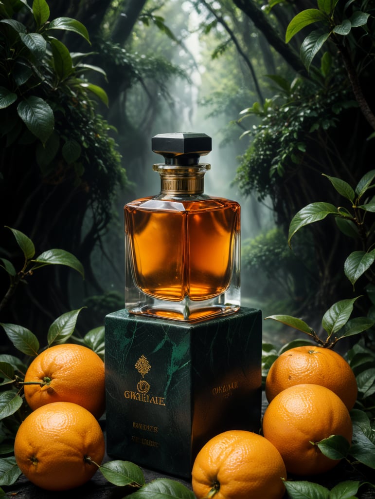 professional photography of a luxury perfume, orange fruits around, orange forest, green satin scarf, no label, clear, mockup