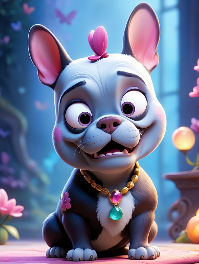 A French bulldog in the style of a Disney character