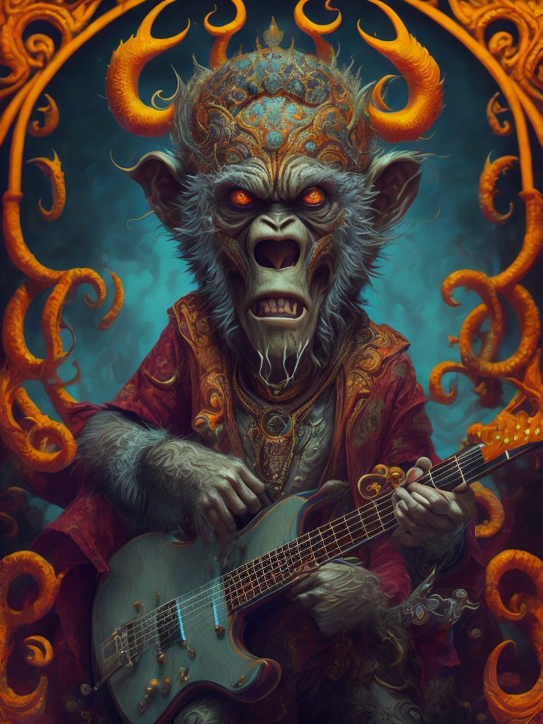 monkey octopus demon playing a heavy metal guitar, made of fractal LSD and rococo DMT, in the style of iconic album covers, style of Robert Williams, Nychos, artofsickness666, extremely detailed, insanely detailed and intricate, hypermaximalist, high detail, concept art