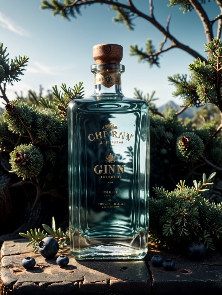 professional photography of a square gin bottle, square bottle, surrounding a juniper and juniper berries, one shot of gin in a front, no label, clear, mockup