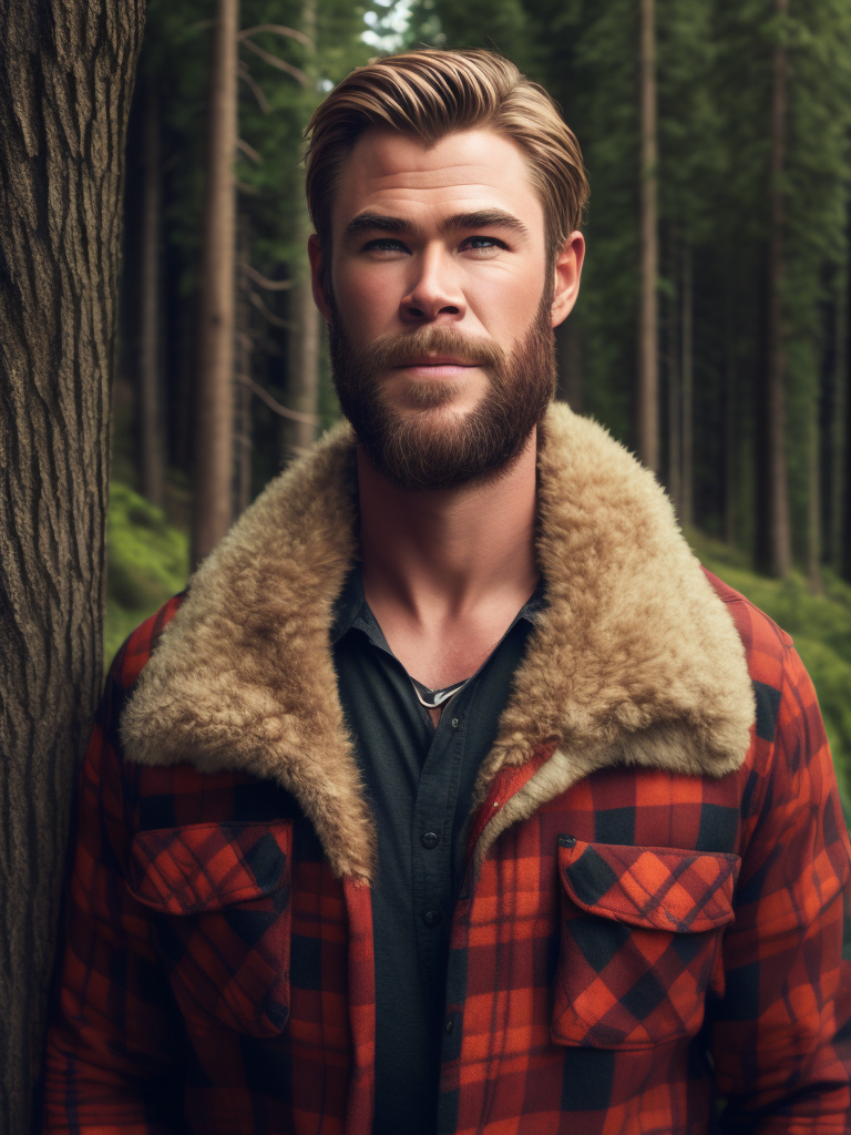 Portrait of Chris Hemsworth as a Canadian lumberjack, with a large beard and a plaid shirt, against the backdrop of a dense forest, bright saturated colors, Contrasting cinematic light
