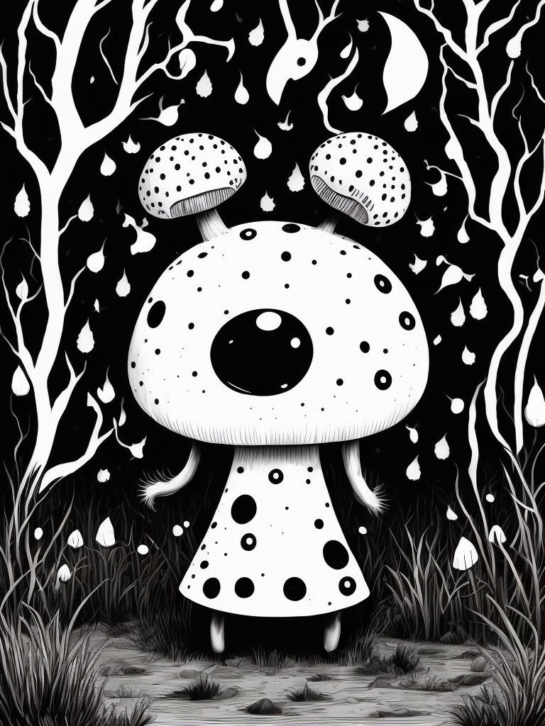 mushroom monster, black and white illustration