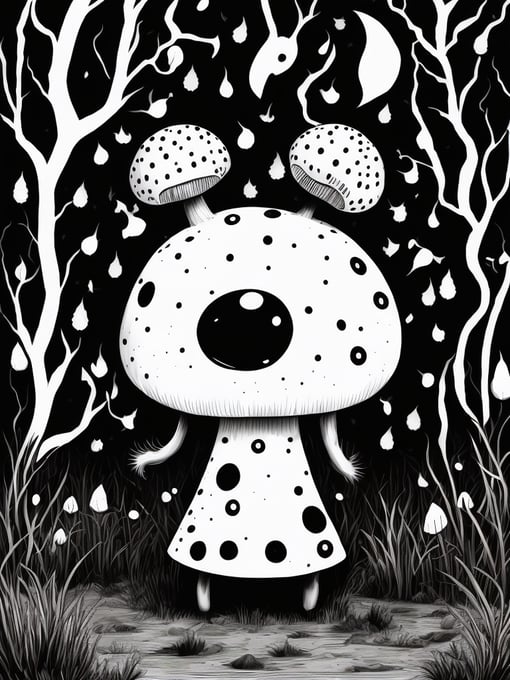 ushroom monster, black and white illustration