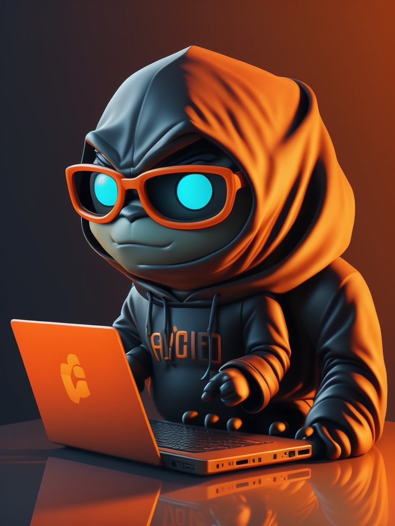 mascot monster typing laptop, a cute mascot character wearing black hoodie and glasses, orange color, funko pop, vibrant gradient background,