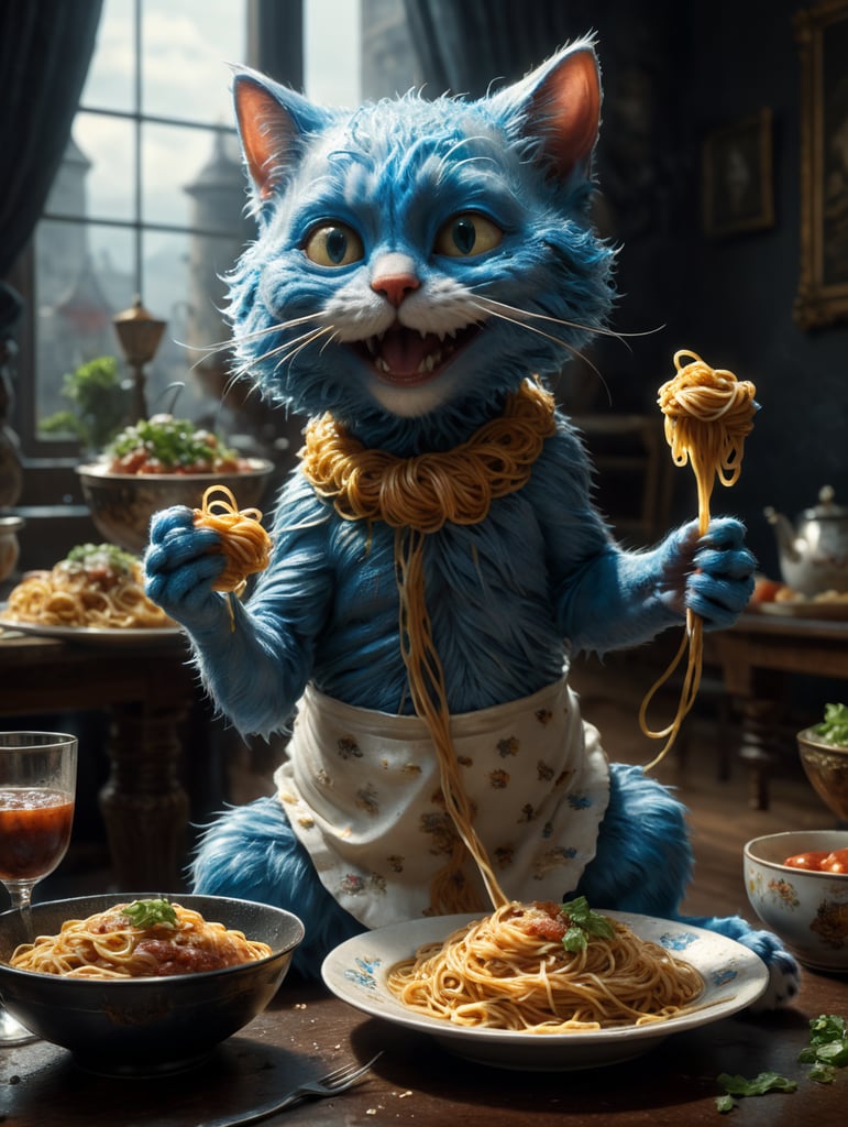 Cat smurf wearing a dress and eating spaghetti