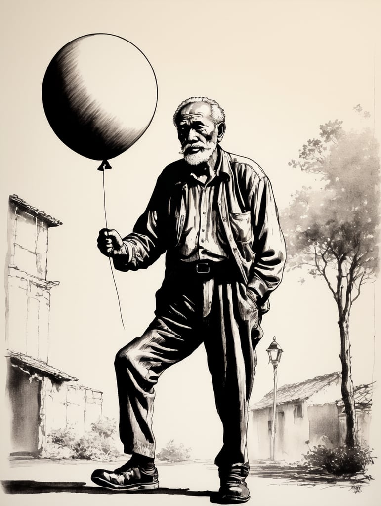 Ink pen sketch, low light, low detail, old man holds a balloon in his hand