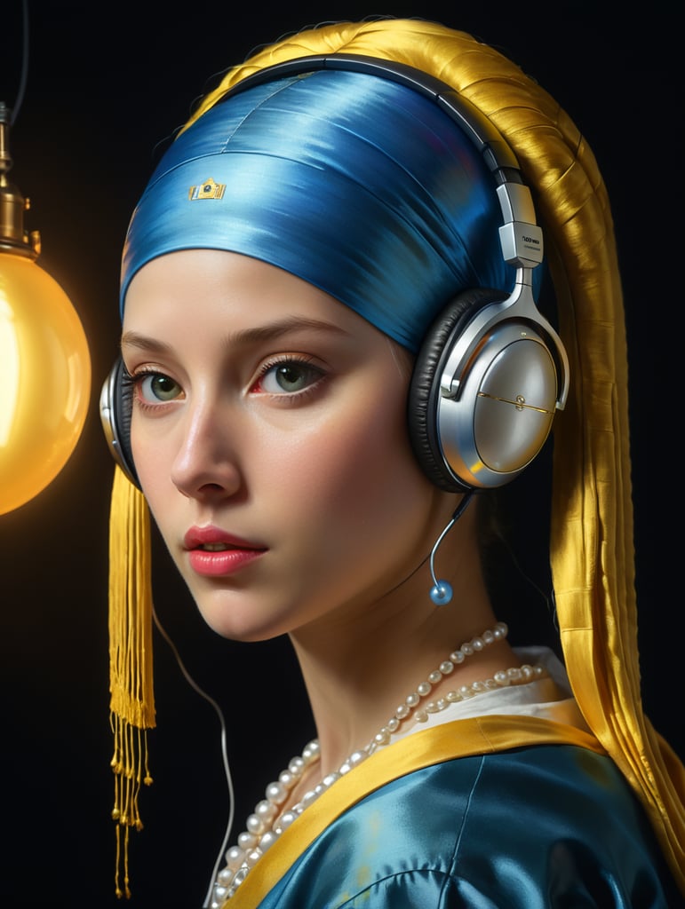 recreate Johannes Vermeer's classic painting, 1665, The Girl With The Pearl Earring, place a pearl-colored futuristic headphones on the girl, chiaroscuro lighting, very detailed, 8K, very soft pastel warm colors