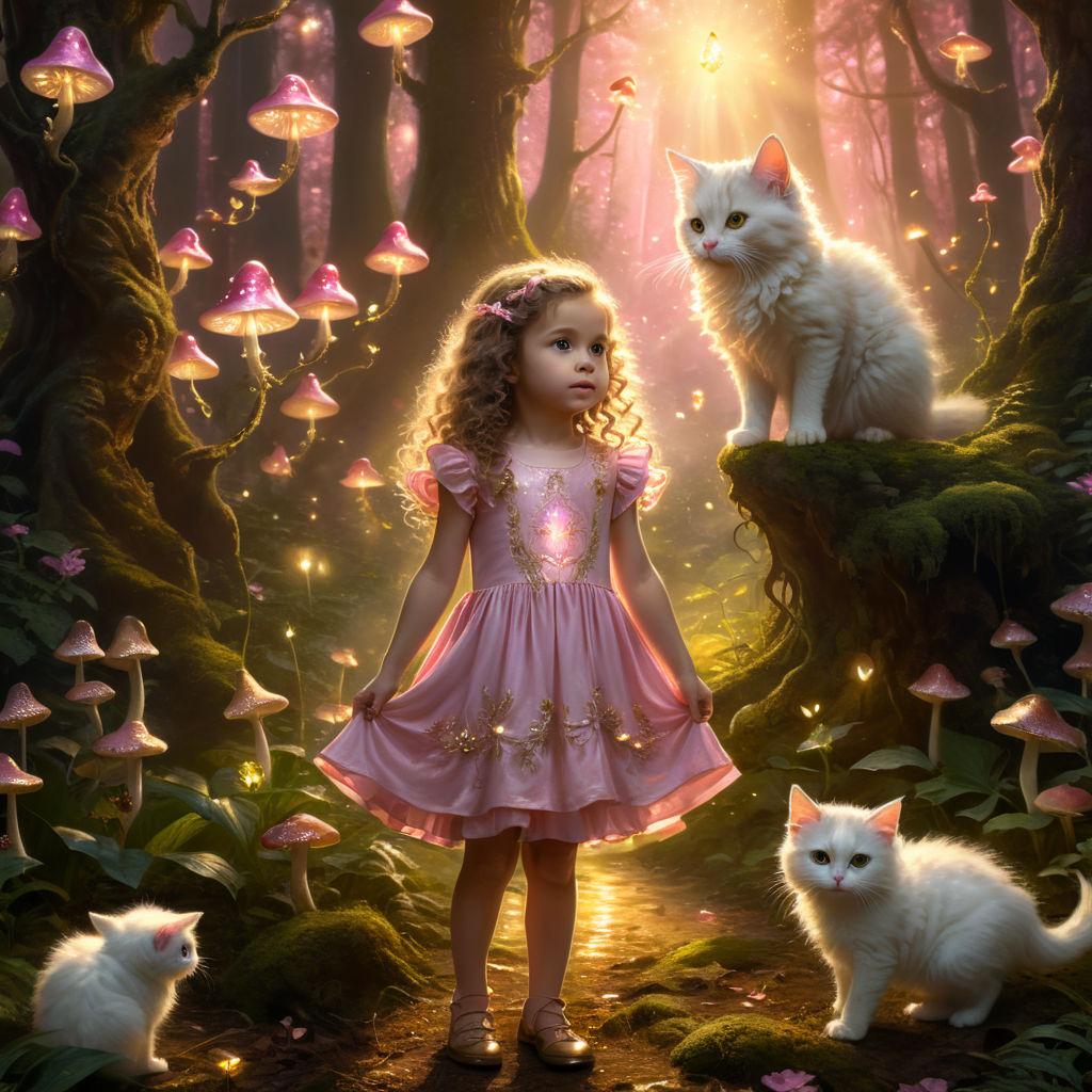 Girl 5 years old with long curly hair in pink dress standing in magical forest with 1 white kitten in golden light and fireflies mushrooms