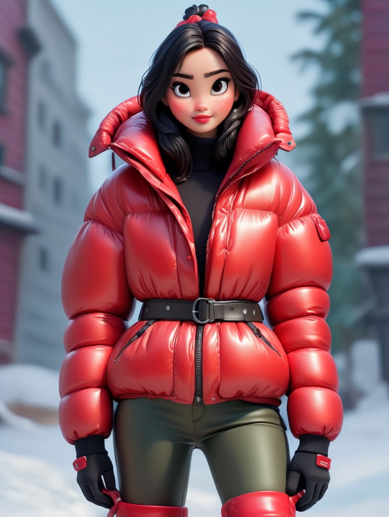 full body girl in a red glossy puffer jacket with bulky belt and massive zipper tab around waist and red glossy down puffer boots