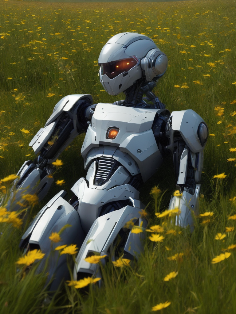 discarded broken full body female robot detached laying on ground in a field of wildflowers graphic style