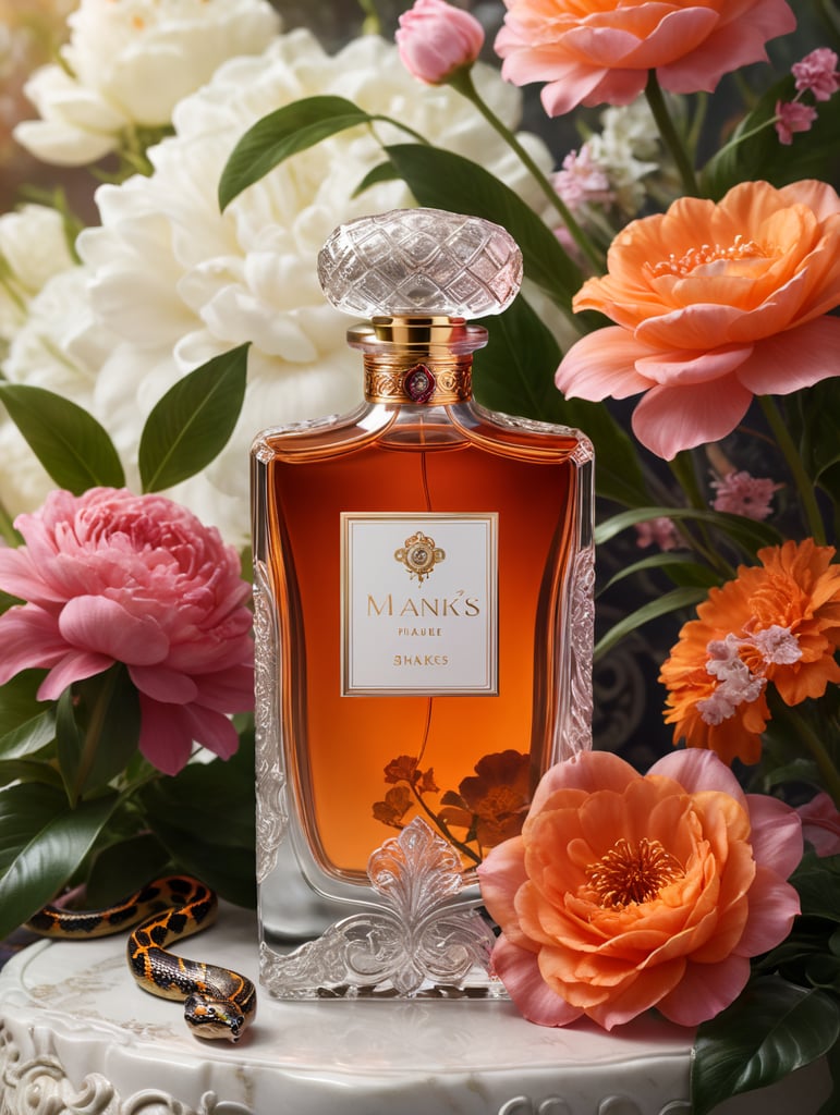 Luxury perfume bottle with blanc label, snakes next to the bottle, floral background, pink and orange flowers