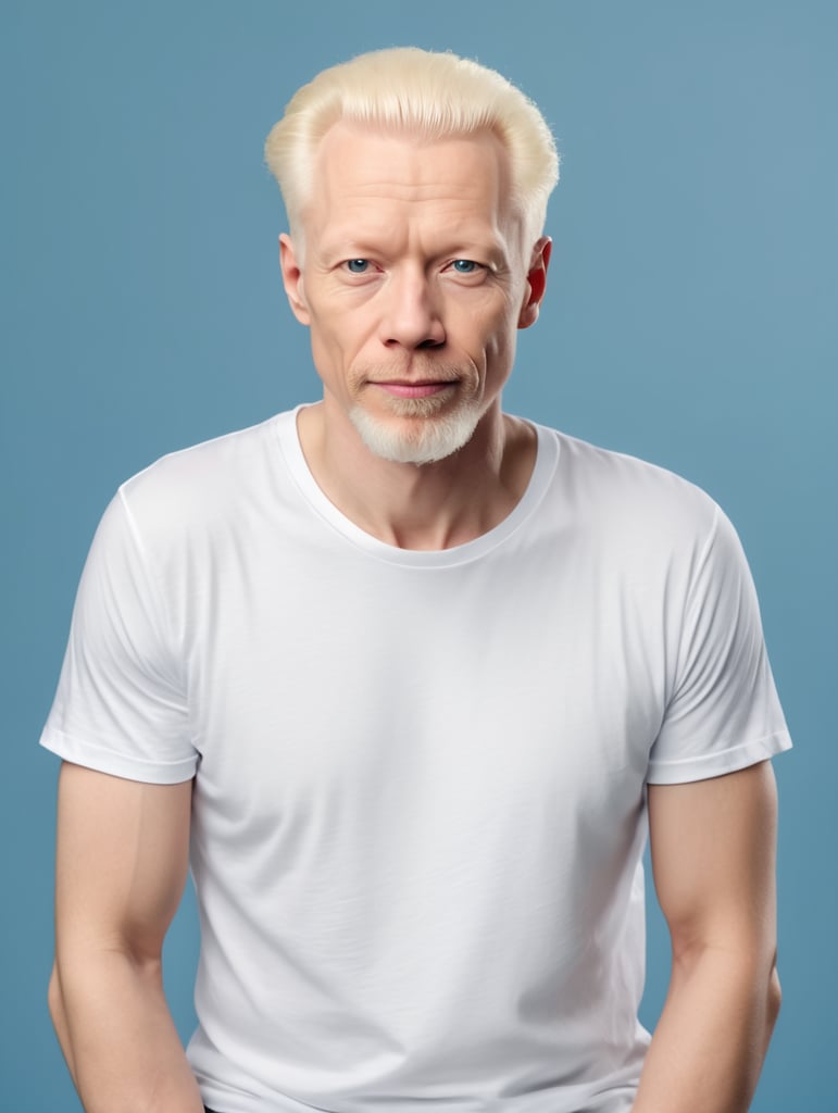 A middle-aged albino man wearing a white T-shirt, isolated, blue background, mockup, mock up