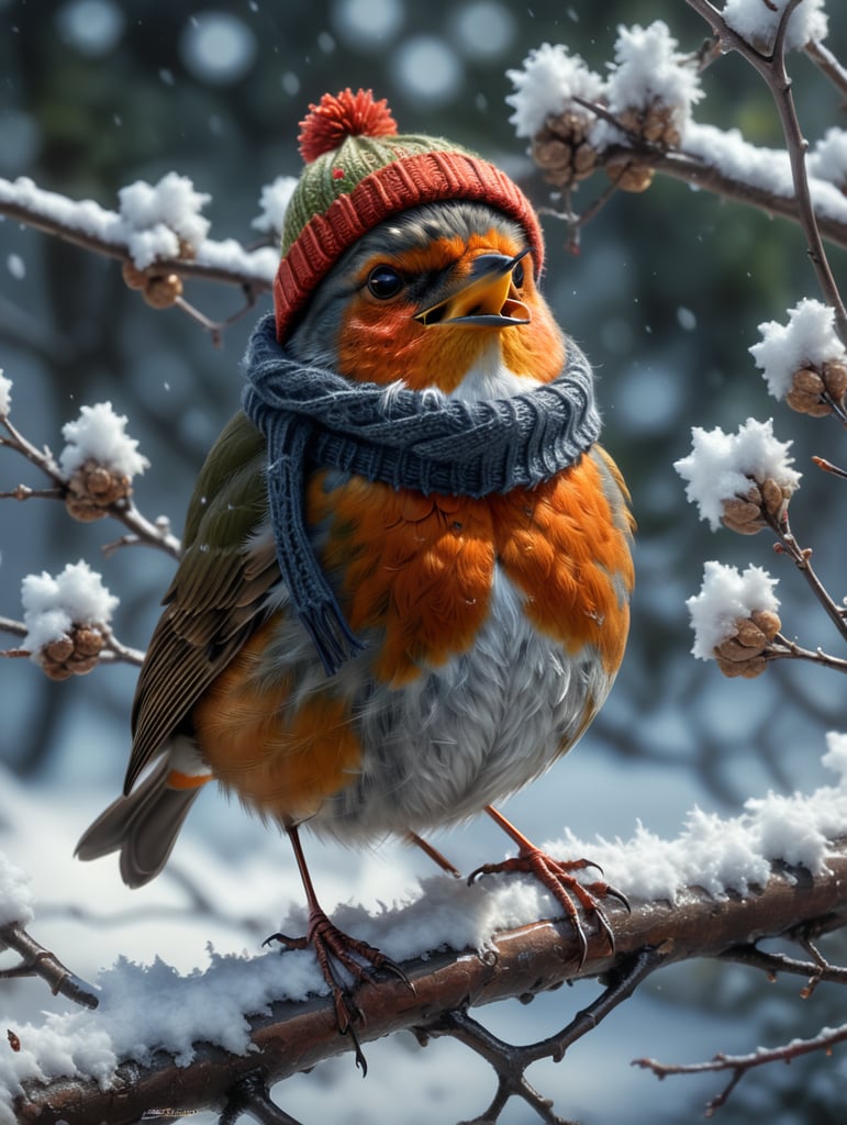 A robin sitting on a snowy branch, beak open singing, wearing a woolly hat and scarf