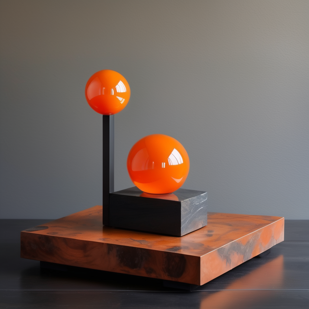 Un tótem de Una roca color naranja brillante sobre una pieza de madera natural muy obscura que se encuentra sobre un bloque de cobre arriba de una esfera pequeña de vidrio. Que parezca una escultura en equilibrio de arte contemporáneo en un entorno gris obscuro sin muchos elementos