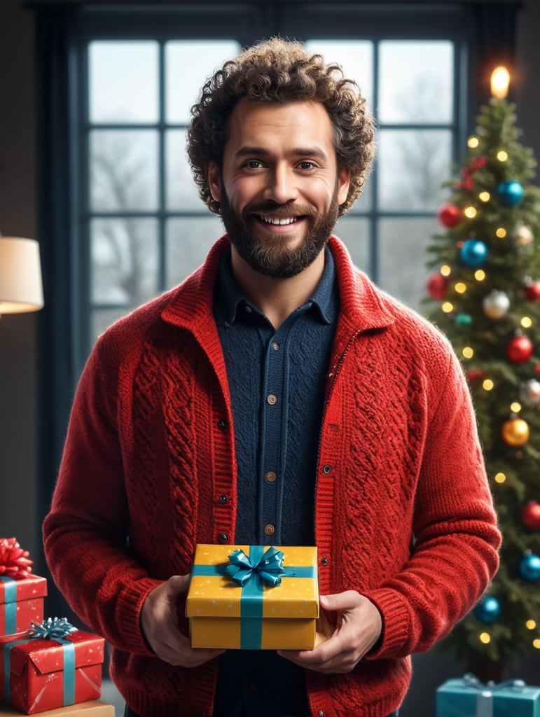 portrait of a bearded curly man wearing red knitted jacket, stands front camera with gift box his hand, happy birthday images, spring time
