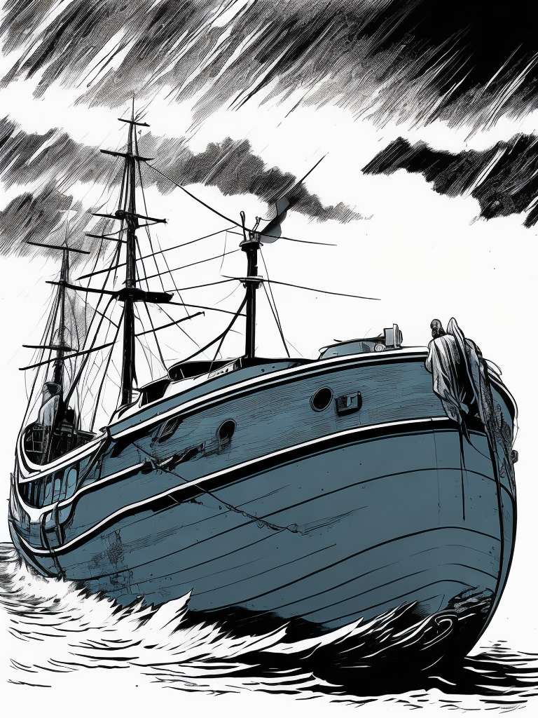 Broken old boat in big storm, illustrated by hergé, style of tin tin comics, pen and ink