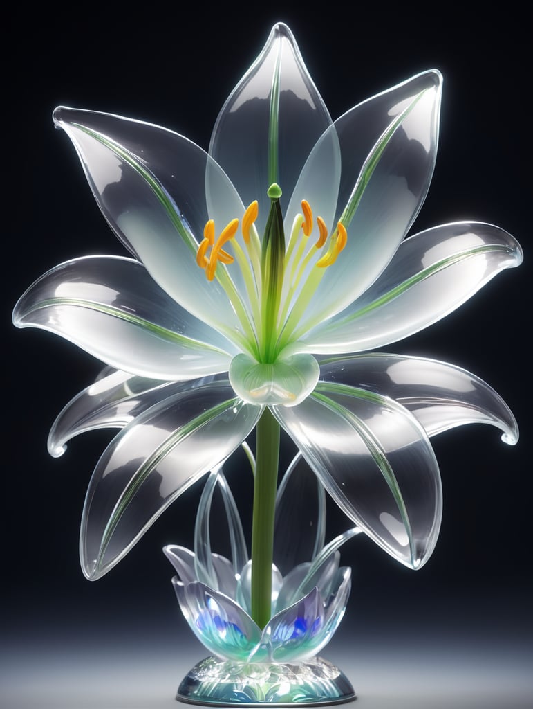 dreamscape a fully transparent Majestic glass lily flower, award winning, concept design, polycarbonate, visible quantum...